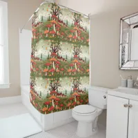 Whimsical Cottage Core Village in the Forest Shower Curtain