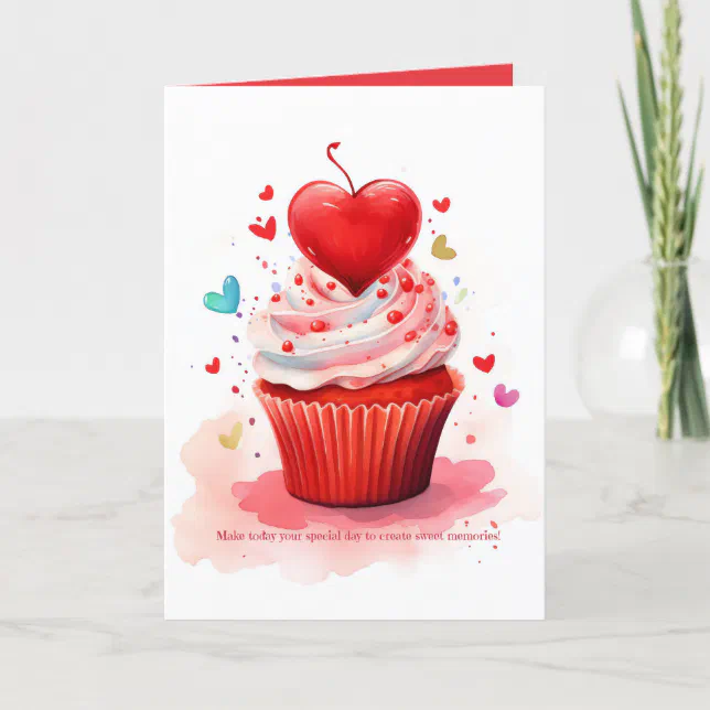 Red Heart Sweet Cupcake Valentine's Day Card