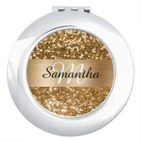 Sparkly Gold Glitter Shimmer Foil Monogram Compact Mirror