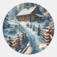 Winter Log Cabin on a Snowy Day Christmas Classic Round Sticker