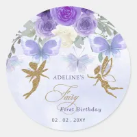 Purple Gold Butterflies Fairy First Birthday Classic Round Sticker