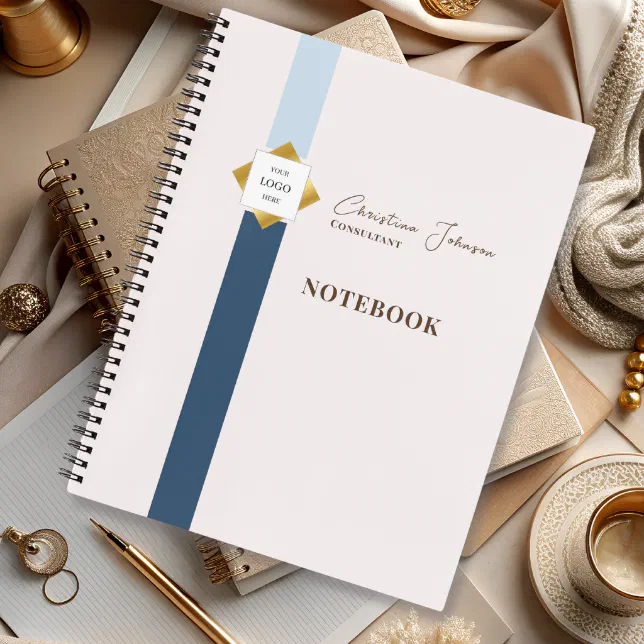 Trendy Blue Stripes Gold Logo Notebook