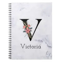 Letter "V" Boho Floral Monogram White Marble Notebook