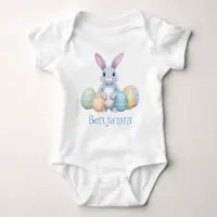 Cute Gray Bunny Rabbit With Easter Eggs Name White Baby Bodysuit
