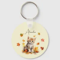 Cute Orange Tabby Kitten in Fall Leaves Keychain