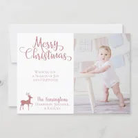 Christmas Rose Gold Pink Faux Glitter Reindeer Holiday Card