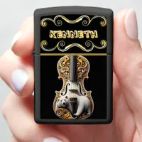 Intricate Violin Design with Grizzly Bear Zippo Lighter