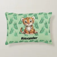 Cute Cartoon Tiger on Tropical Leaves Accent Pillow