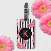 Pink Gerbera Flowers On Black And White Stripes Luggage Tag