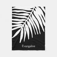 White Tropical Jungle Fern Leaf Print on Black Fleece Blanket