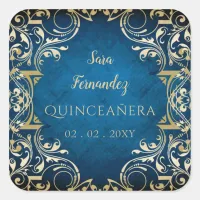 Rustic Blue Gold Elegant Quinceanera   Square Sticker