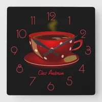 Coffee Cafe Red and Black Personalized Square Wall Clock