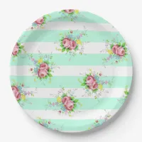 Mint Green and Pink Floral Dinner Paper Plates