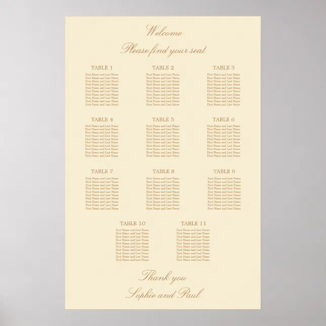 Cream Beige 11 Table Wedding Seating Chart Poster