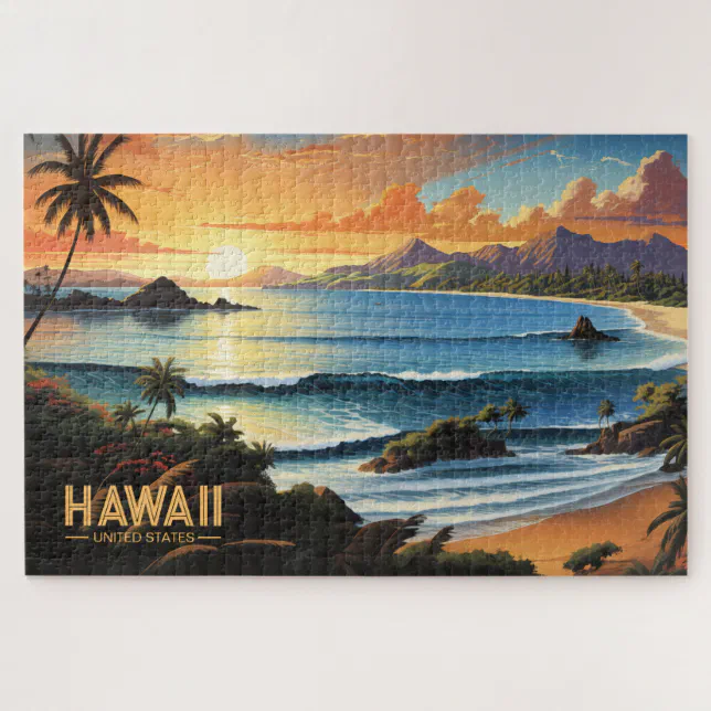 Hawaii Beach Tropical Paradise Vintage Painting Jigsaw Puzzle