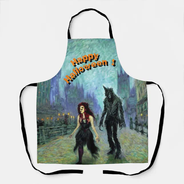 Werewolf and witch in town apron