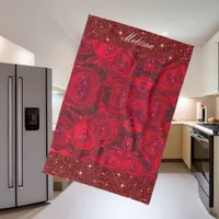 Red rose blossoms with dewdrops - photography kitchen towel