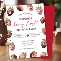 Red Chocolate Strawberry 1st Berry First Birthday Invitation