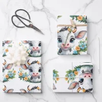 Cute little girl cow in flowers  wrapping paper sheets