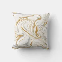 White, Gold and Gray Marble like Fluid Art Swirls Throw Pillow