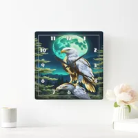 Eagle Perched Under Moonlit Sky in Forest Square Wall Clock