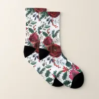 Burgundy Roses, Pine, Holly Christmas Floral Socks