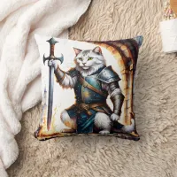 Brave Cat Knight in Armor With Sword Throw Pillow