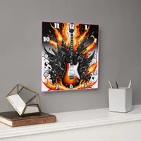 Guitar ignited by vibrant flames in dynamic art square wall clock