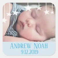 Whimsical Stars New Baby Name and Date Square Sticker