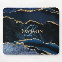 Navy Blue Gold Agate Monogram Elegant Mouse Pad