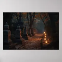 Winding cobblestone path through woods at twilight poster