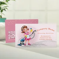 Cute Cartoon QR code Glitter Pink House Cleaning Business Card