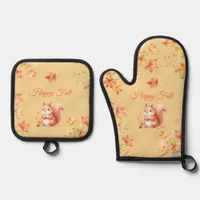 Happy Fall Squirrel in Leaves Oven Mitt & Pot Holder Set