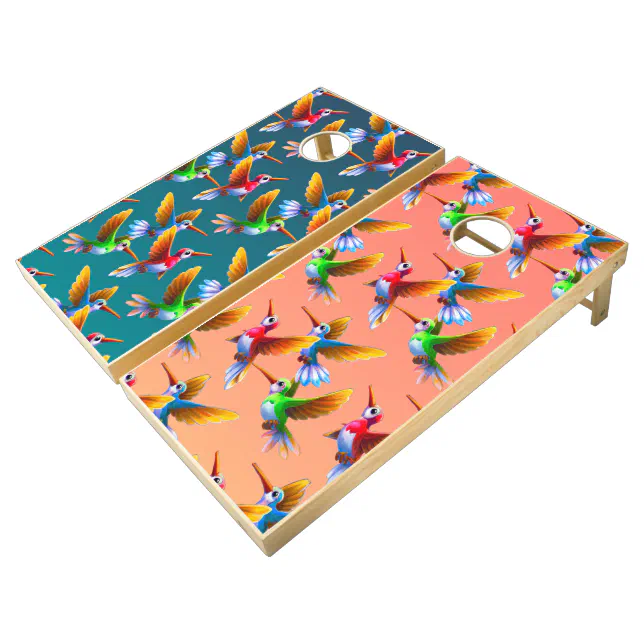 Colorful Hummingbirds in Flight Cornhole Set