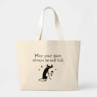 Glass Half Full Funny Wine Toast with Cat Large Tote Bag