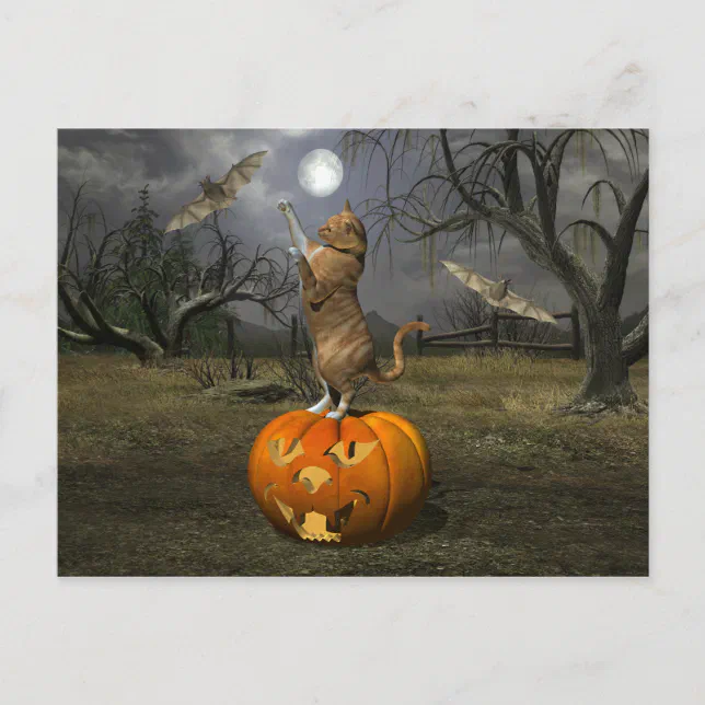 Cute Halloween Orange Cat Batting Bats Postcard
