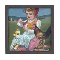 Vintage Easter Girl Painting Egg With Chickens Jewelry Box