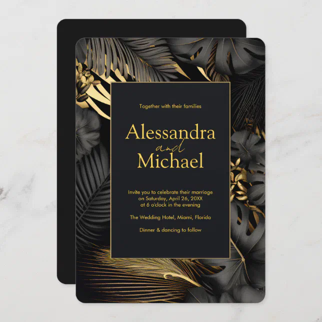 Modern Black Gold Tropical Leaves Wedding Invitation