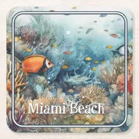Miami Beach coral reef and fishes watercolor Square Paper Coaster