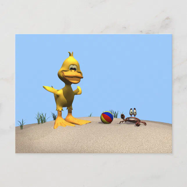 Cute Cartoon Duck and Crab on Beach Postcard