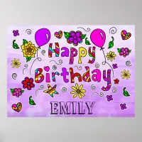 Whimsical Folk Art Happy Birthday  Poster