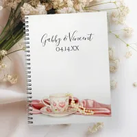 Pink Floral Tea Cup with Pearls Wedding Guest Book