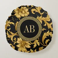 Monogram Black Gold Classy Elegant Pattern Round Pillow