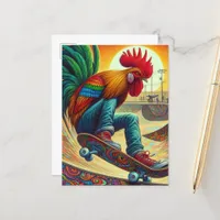 Funny Surreal Skateboarding Rooster Postcard