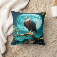 Eagle Perched on a Branch Under Full Moonlight Throw Pillow