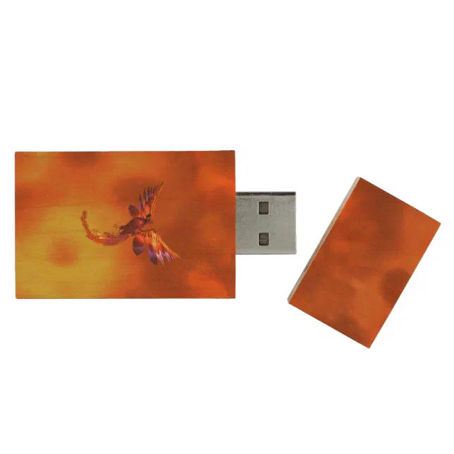 Colorful Phoenix Flying Against a Fiery Background Wood Flash Drive