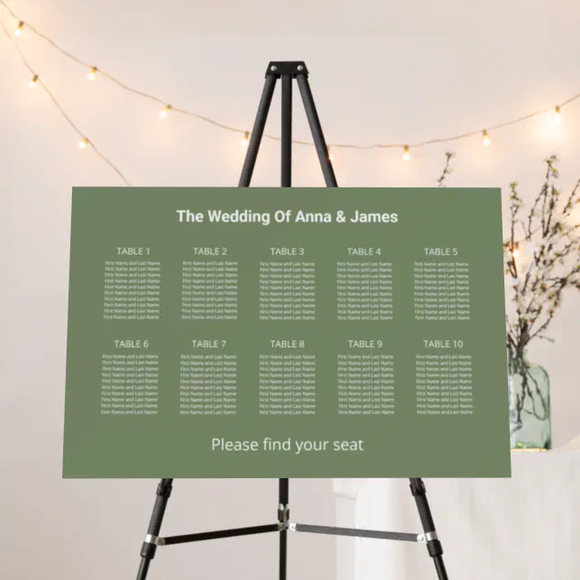 Modern Sage Green 10 Table Seating Chart Foam Board