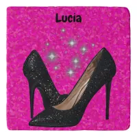 Black Glitter High Heel Shoe on Bright Pink | Trivet