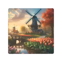 Windmill in Dutch Countryside by River with Tulips Metal Print