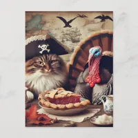 Thanksgiving Pirate Cat and Turkey With Pie Postcard